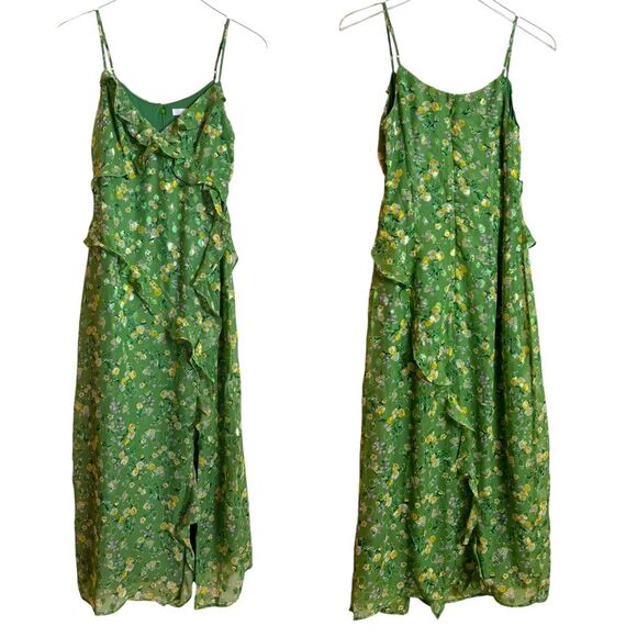 Lush Green & Yellow Ditsy Floral Ruffle Detail Midi Slip Dress Size Small - Picture 2 of 11